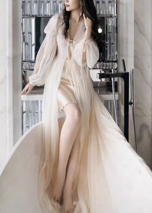 Sexy Beige Lace Lace Up Tulle Pajamas Two Pieces Set Fall
