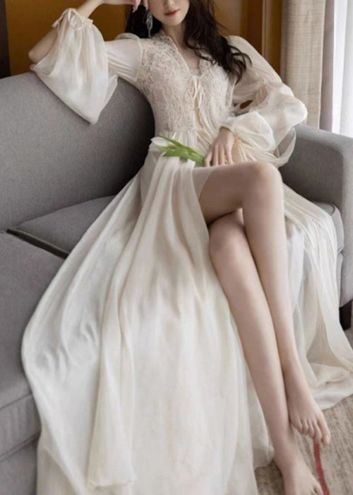 Sexy Beige Lace Lace Up Tulle Pajamas Two Pieces Set Fall