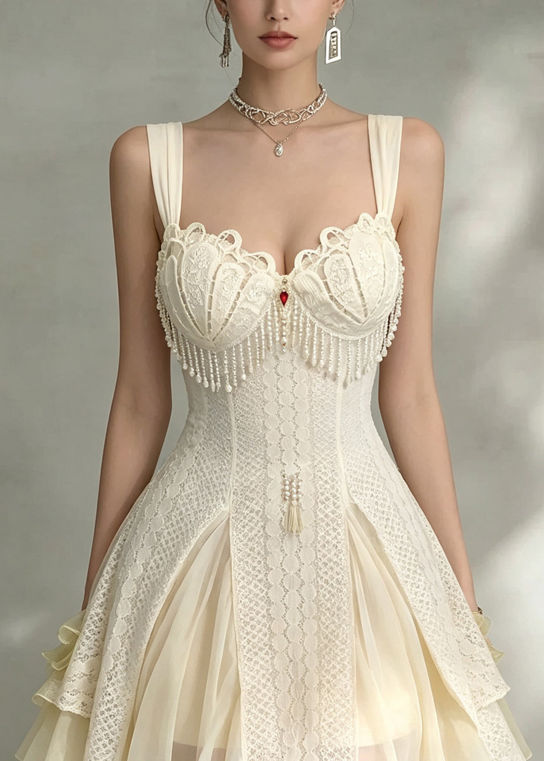 Sexy Beige Tassel Patchwork Mid Spaghetti Strap Dress Sleeveless