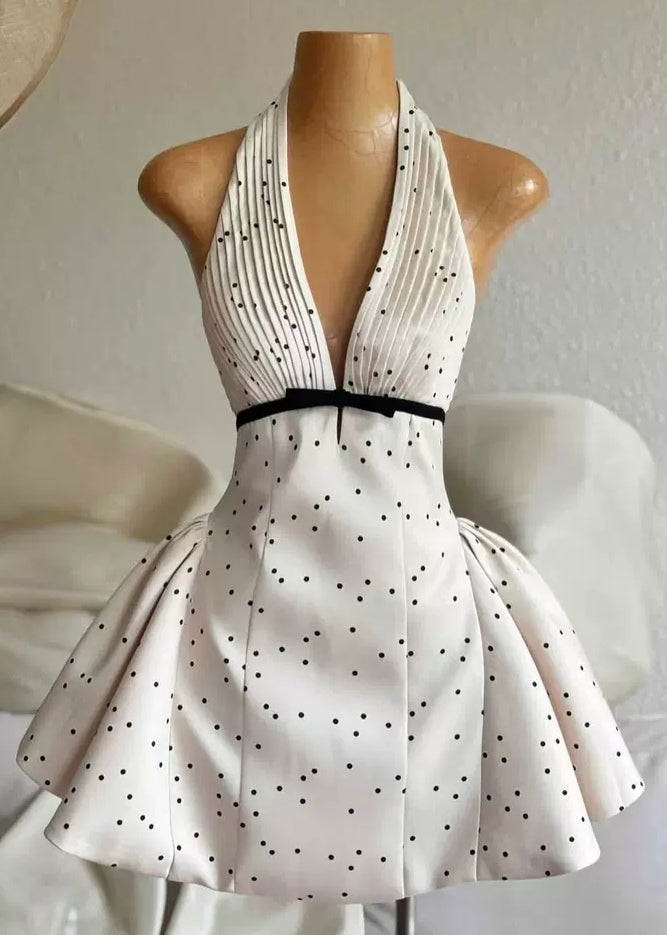 Sexy Beige V Neck Backless Dot Cotton Mini Dress Sleeveless