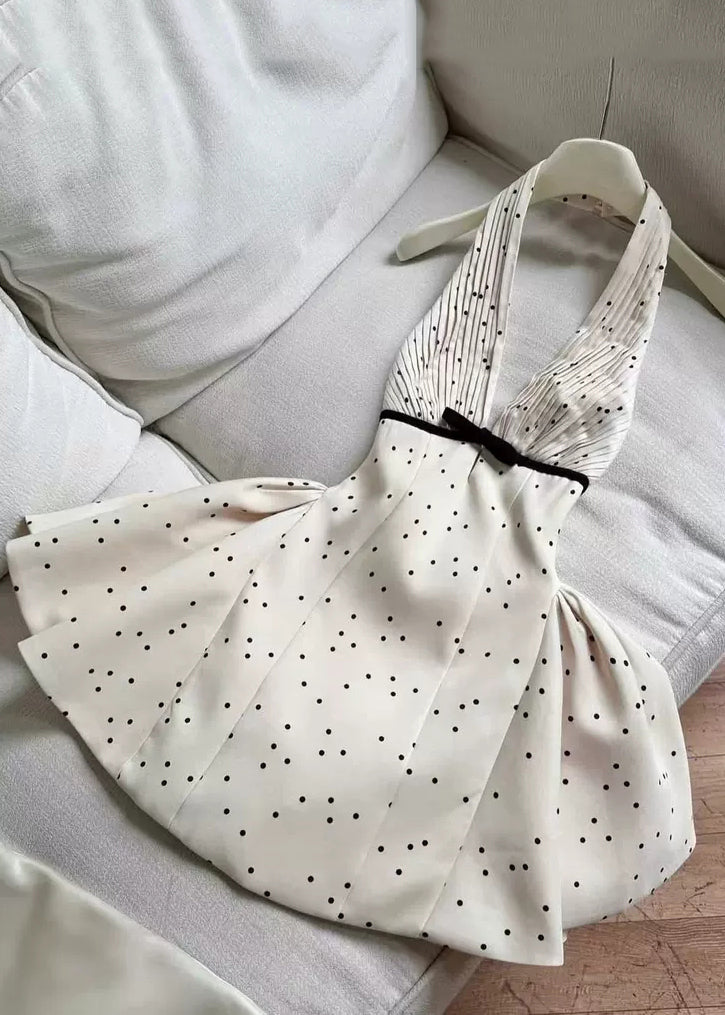 Sexy Beige V Neck Backless Dot Cotton Mini Dress Sleeveless