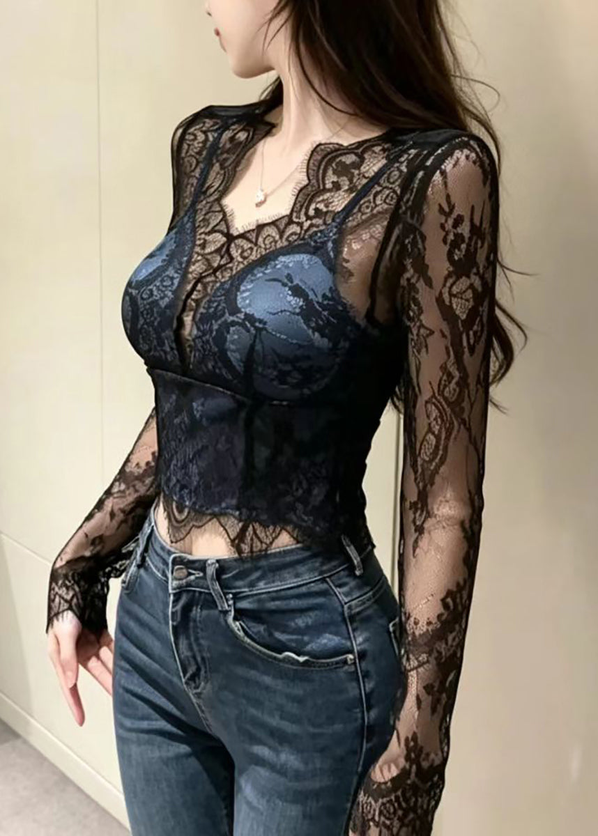 Sexy Black Blue Hollow Out Lace Shirts Long Sleeve