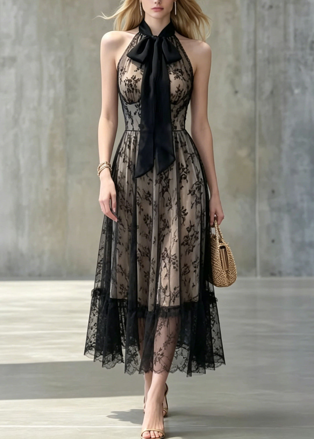 Sexy Black Bow Patchwork Lace Long Dresses Sleeveless