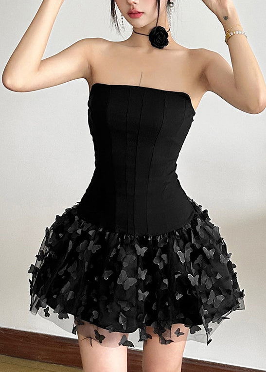 Sexy Black Butterfly Tulle Patchwork Strapless Mini Dress Summer