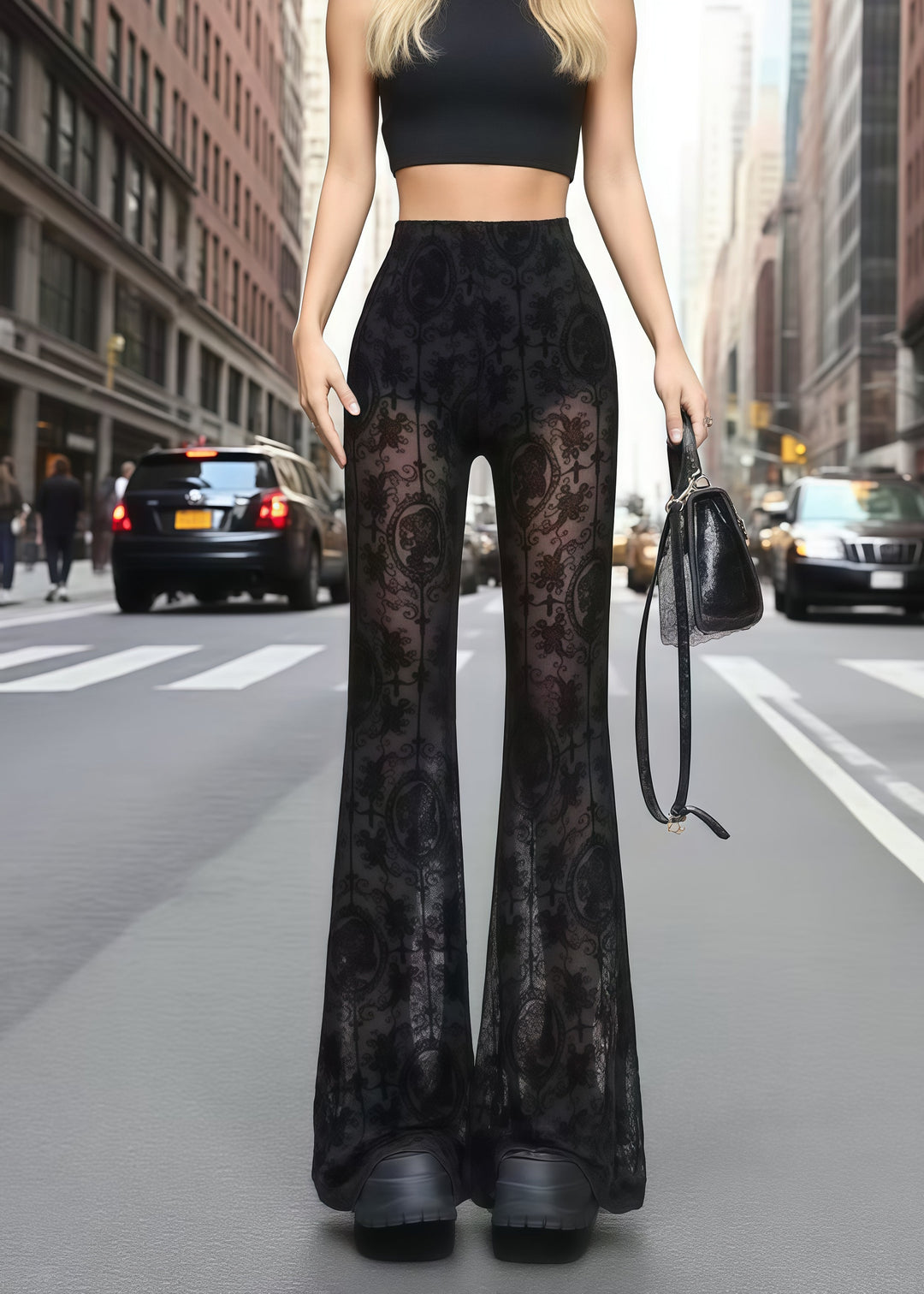 Sexy Black Hollow Out Lace Flare Bottoms Summer