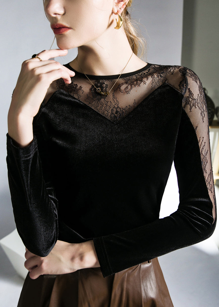 Sexy Black Hollow Out Lace Patchwork Silk Velour T Shirts Fall