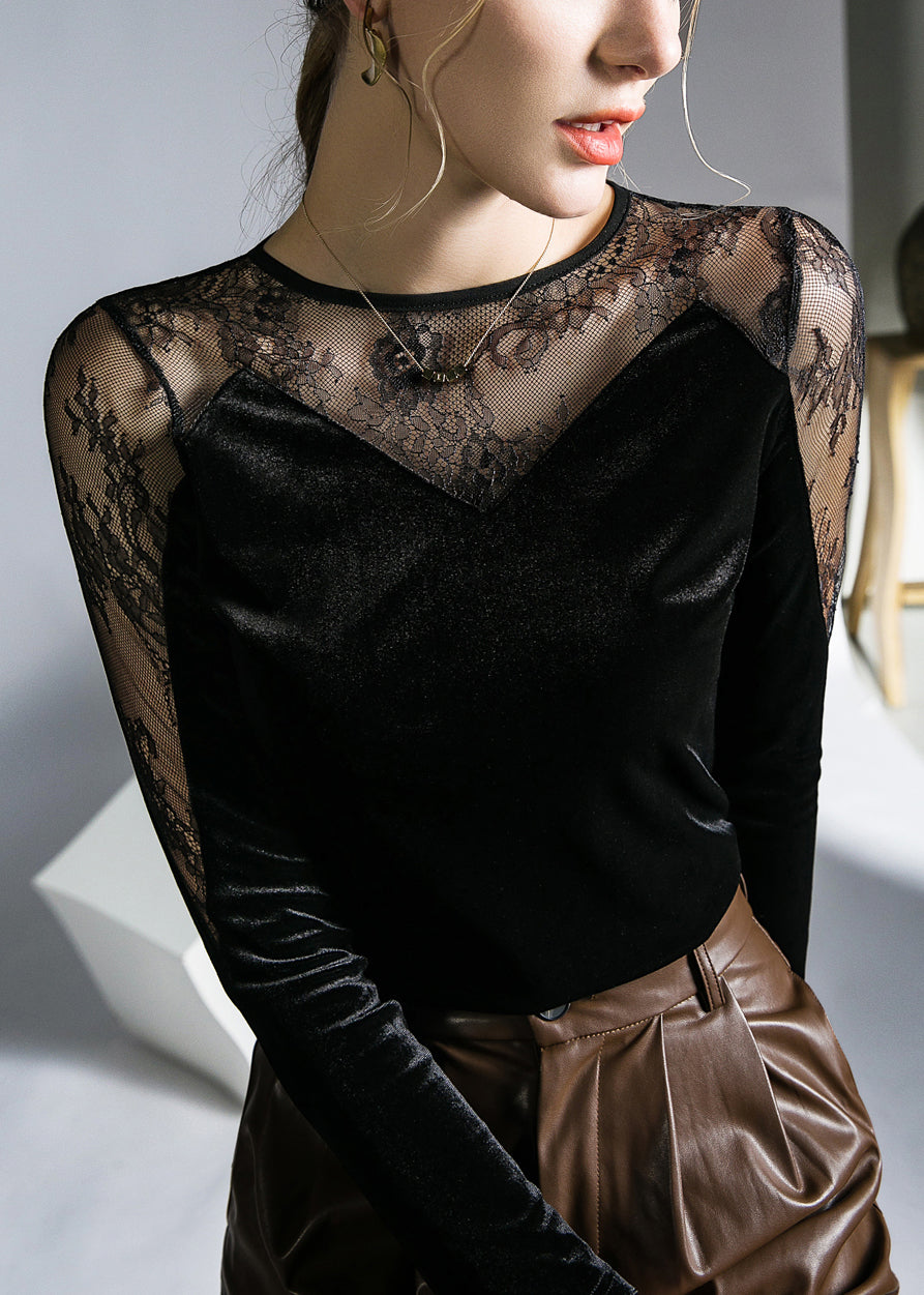 Sexy Black Hollow Out Lace Patchwork Silk Velour T Shirts Fall