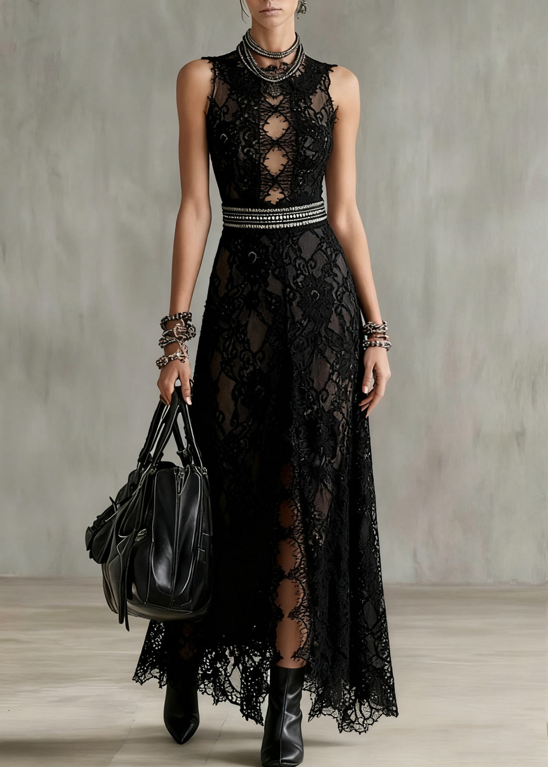 Sexy Black Hollow Out Side Open Lace Long Dresses Sleeveless
