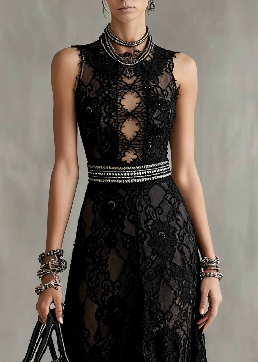 Sexy Black Hollow Out Side Open Lace Long Dresses Sleeveless