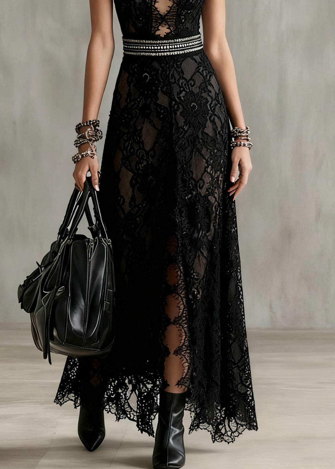 Sexy Black Hollow Out Side Open Lace Long Dresses Sleeveless