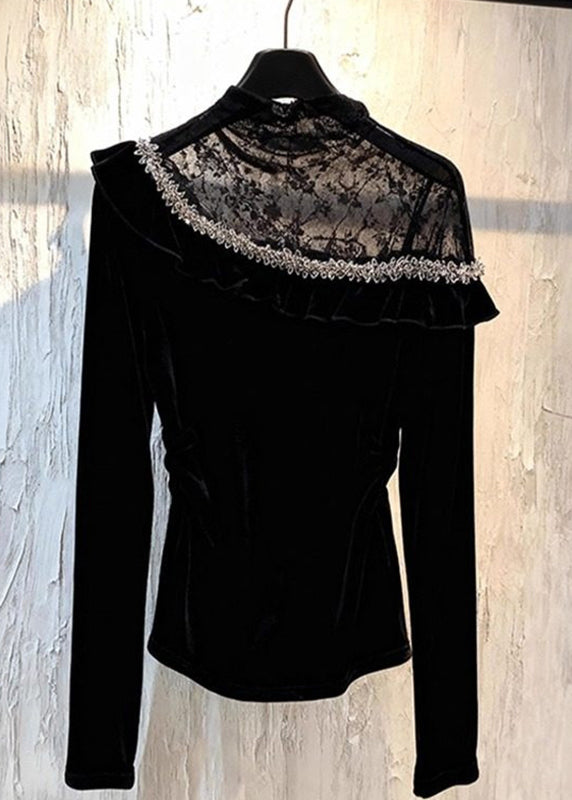 Sexy Black Lace Patchwork Silk Velour Top Spring