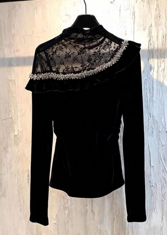 Sexy Black Lace Patchwork Silk Velour Top Spring