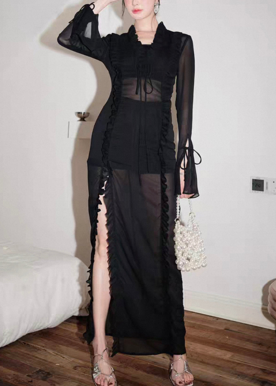 Sexy Black Lace Up Side Open Chiffon Long Dress Flare Sleeve