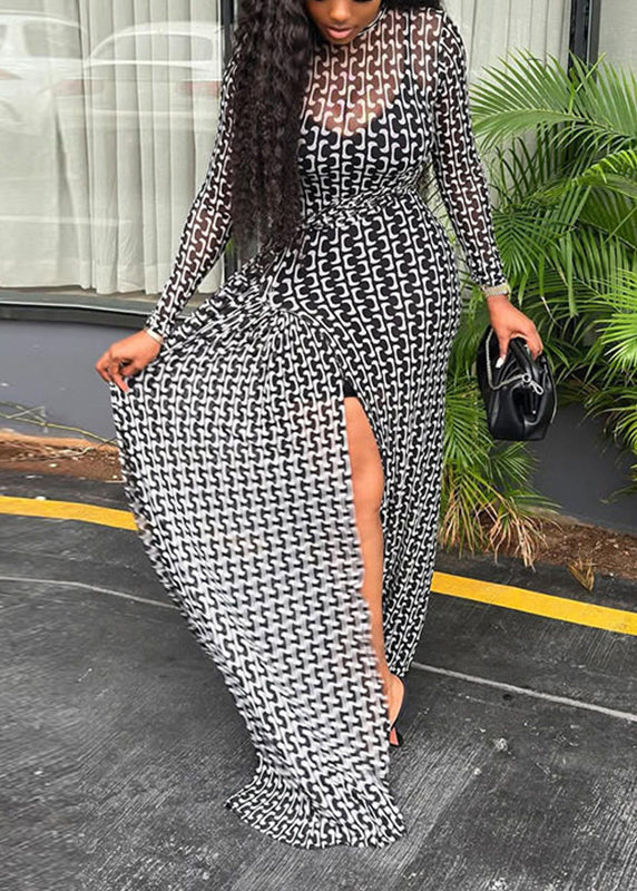 Sexy Black O-Neck Side Open Robe Dresses Long Sleeve