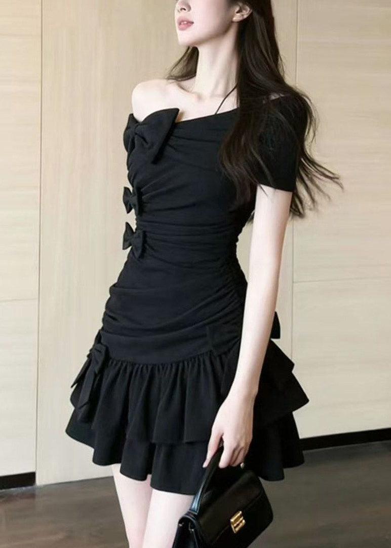 Sexy Black One Shoulder Bow Mid Dress Summer