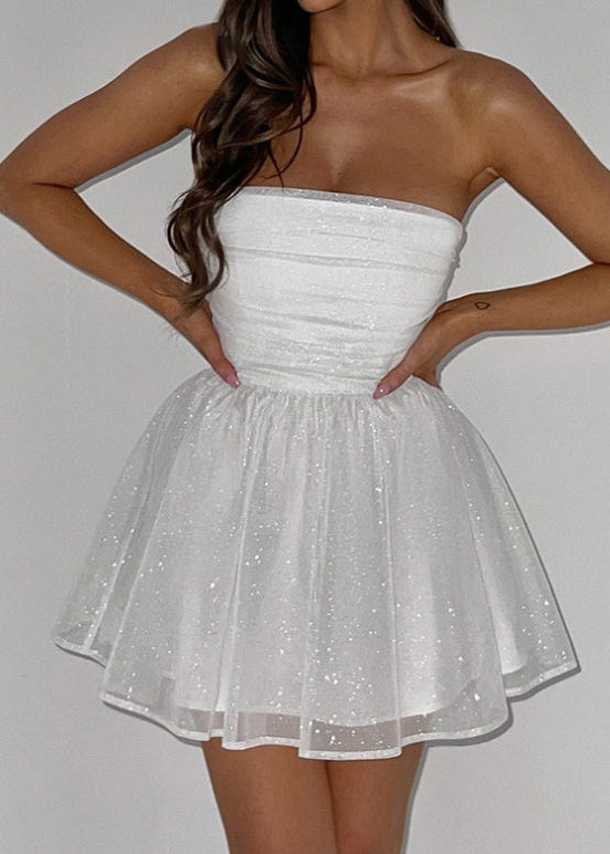 Sexy Black Sequins Wrinkled Patchwork Tulle Strapless Dress