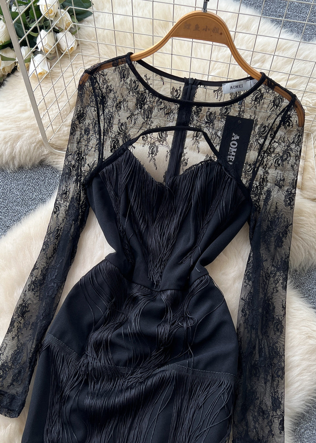 Sexy Black Tasseled Patchwork Lace Tea Dress Summer