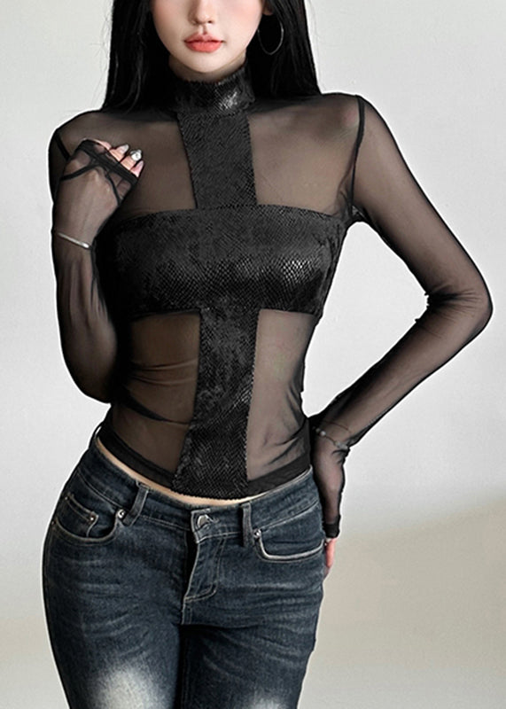 Sexy Black Turtleneck Sheer Tulle Top Spring