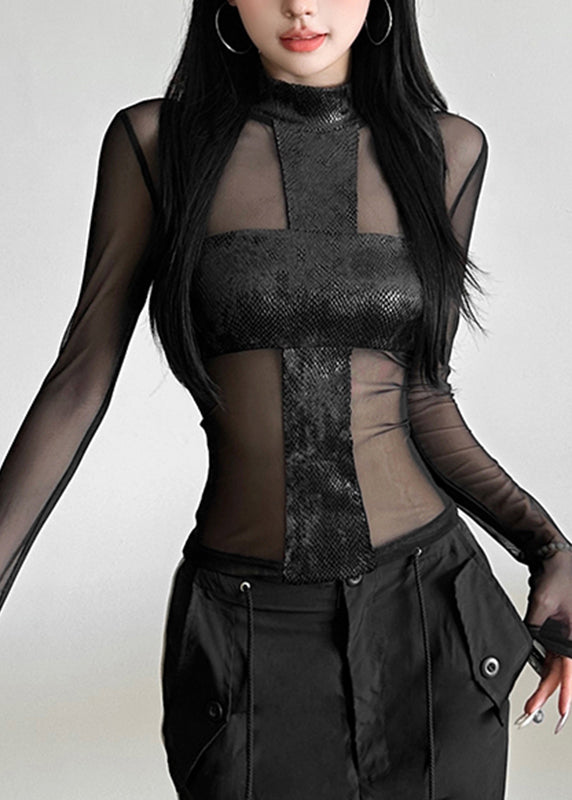 Sexy Black Turtleneck Sheer Tulle Top Spring