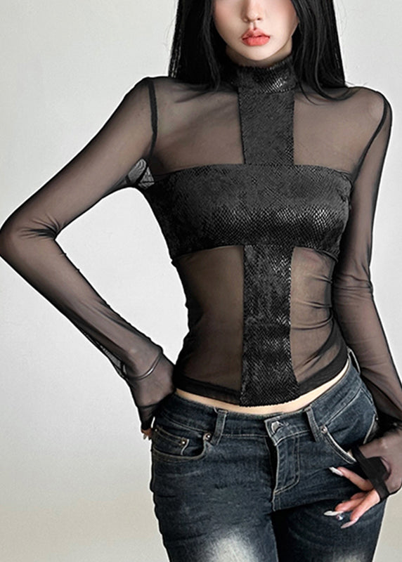 Sexy Black Turtleneck Sheer Tulle Top Spring
