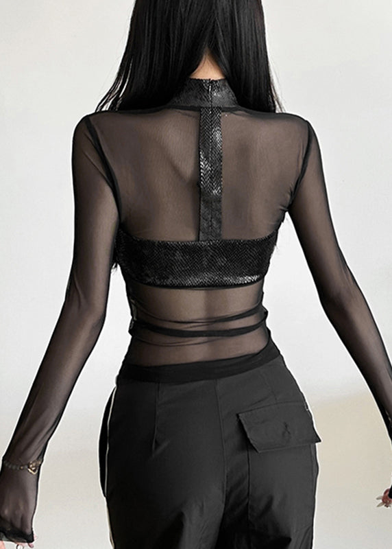 Sexy Black Turtleneck Sheer Tulle Top Spring