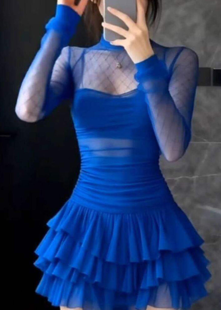 Sexy Black Turtleneck Solid Tulle Vacation Mid Cake Dress Long Sleeve