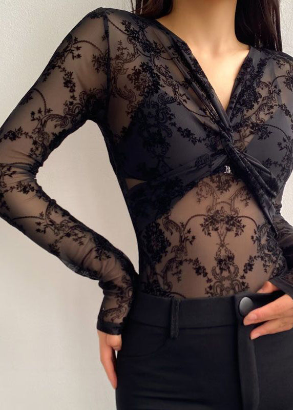 Sexy Black V Neck Flocking Wrinkled Tulle Bodysuit