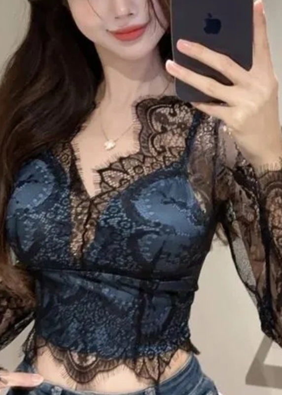 Sexy Black V Neck Hollow Out Lace Shirt Spring