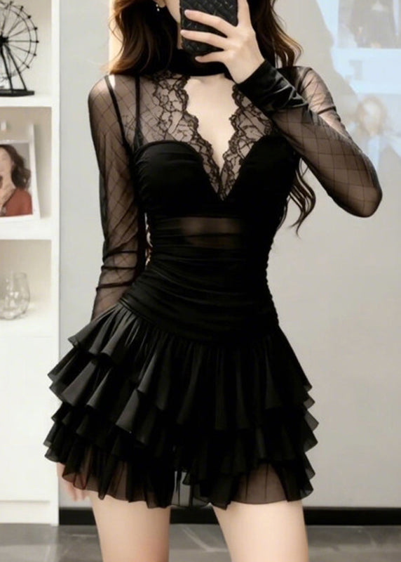Sexy Black V Neck Lace Patchwork Tulle Mid Dresses Long Sleeve