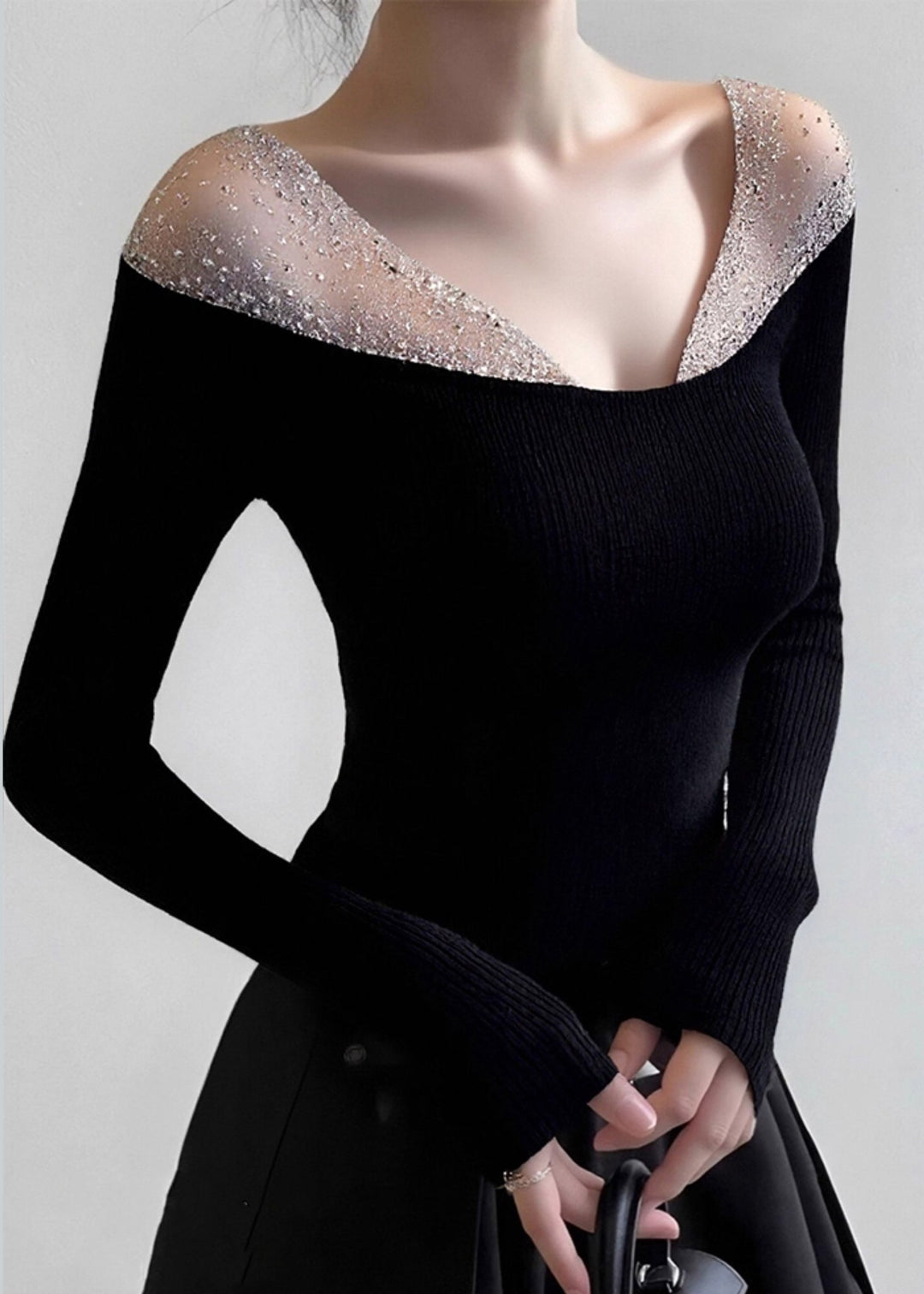 Sexy Black V-Neck Tulle Patchwork Knit Top Spring