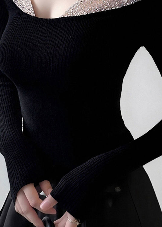 Sexy Black V-Neck Tulle Patchwork Knit Top Spring