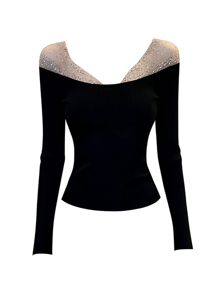 Sexy Black V-Neck Tulle Patchwork Knit Top Spring