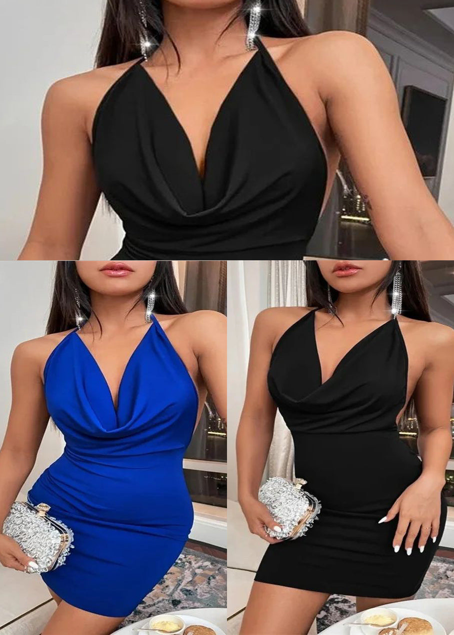 Sexy Blue Backless Wraped Halter Dress Summer