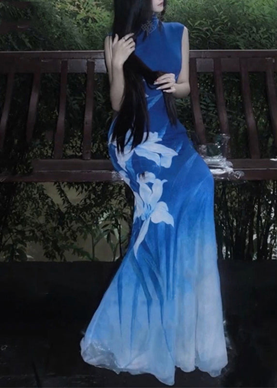 Sexy Blue O-Neck Print Tulle Maxi Dresses Sleeveless