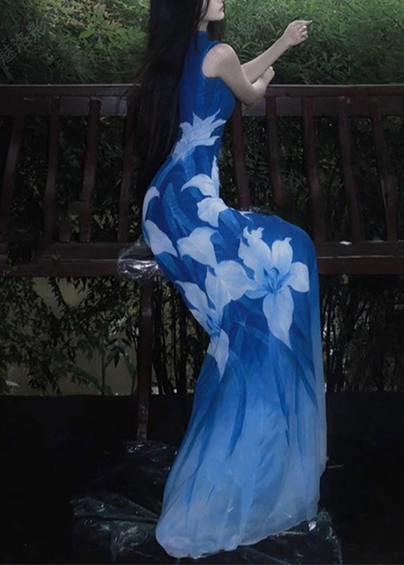 Sexy Blue O-Neck Print Tulle Maxi Dresses Sleeveless