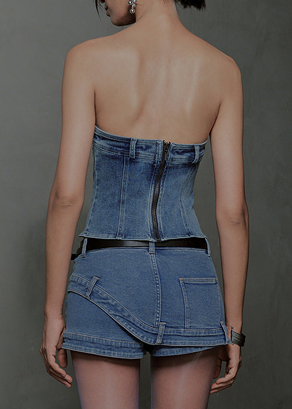 Sexy Blue Patchwork Cold Shoulder Denim Top Sleeveless