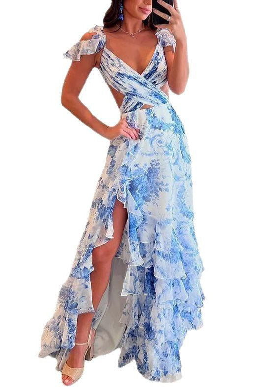 Sexy Blue Print Side Open Chiffon Maxi Dresses Sleeveless