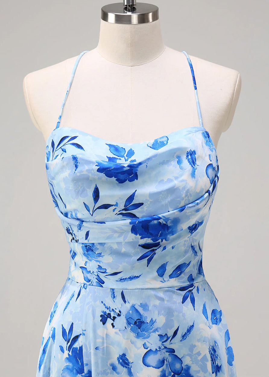 Sexy Blue Print Side Open Cotton Spaghetti Strap Dress Sleeveless