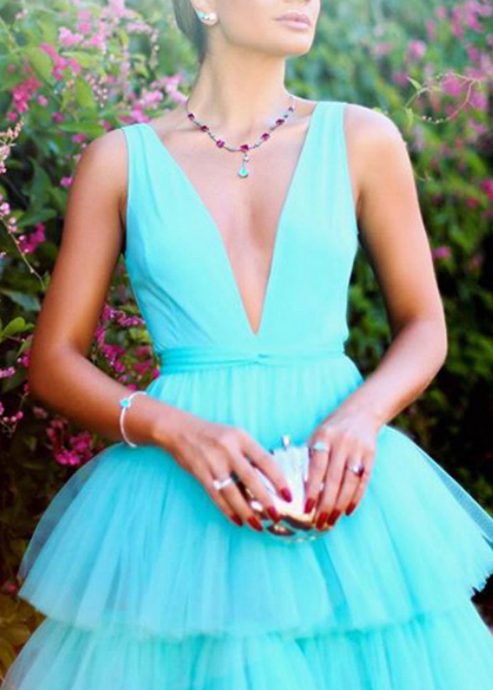 Sexy Blue V Neck High Waist Tulle Dress Sleeveless