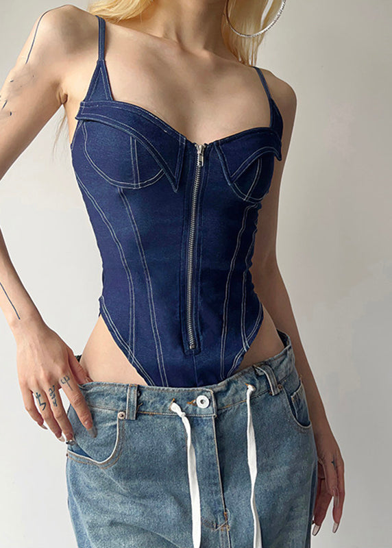 Sexy Blue Zippered Patchwork Deinim Bodysuit Tops Summer