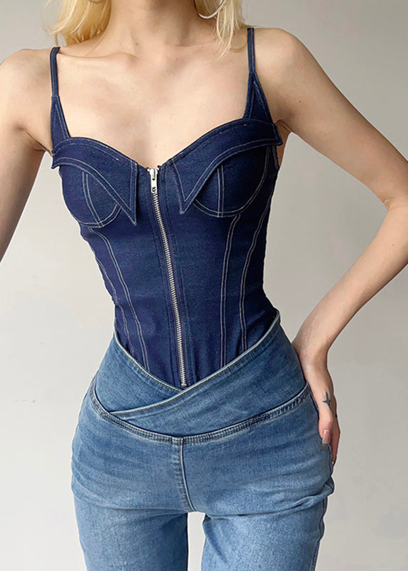 Sexy Blue Zippered Patchwork Deinim Bodysuit Tops Summer