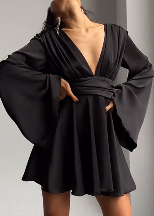 Sexy Brown V Neck High Waist Silk Mini Dresses Flare Sleeve