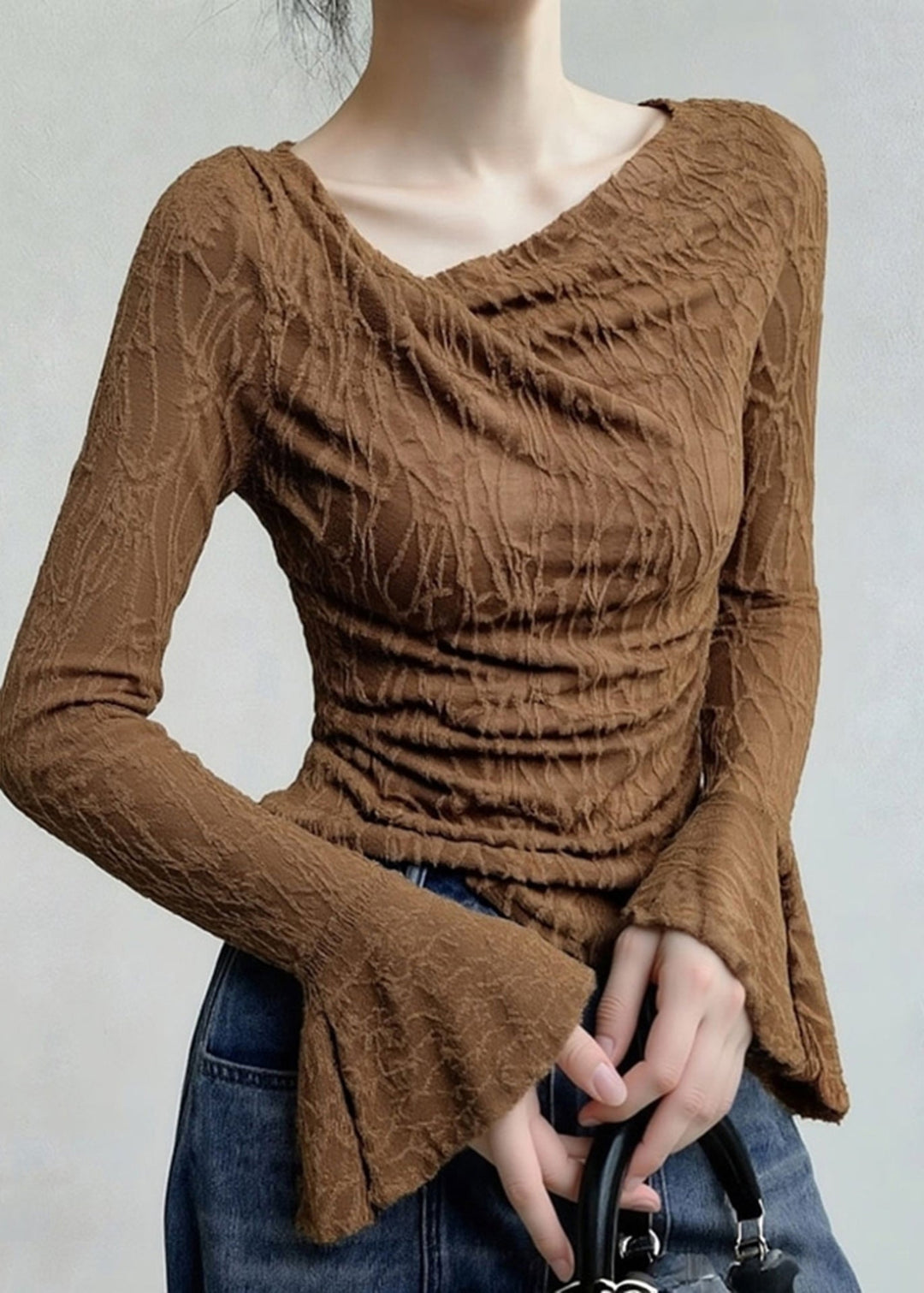 Sexy Coffee Asymmetrical Print T Shirt Flare Sleeve