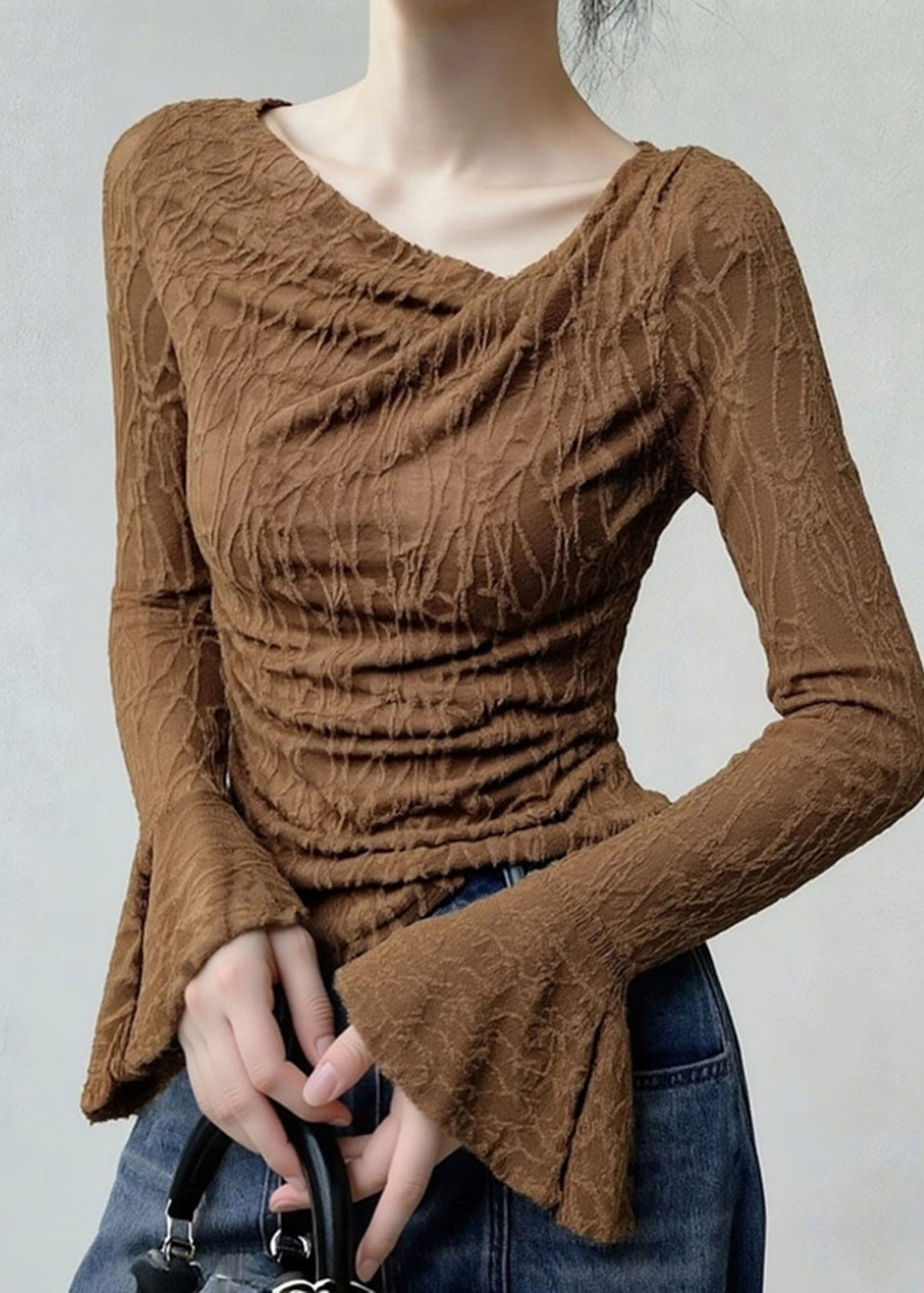 Sexy Coffee Asymmetrical Print T Shirt Flare Sleeve