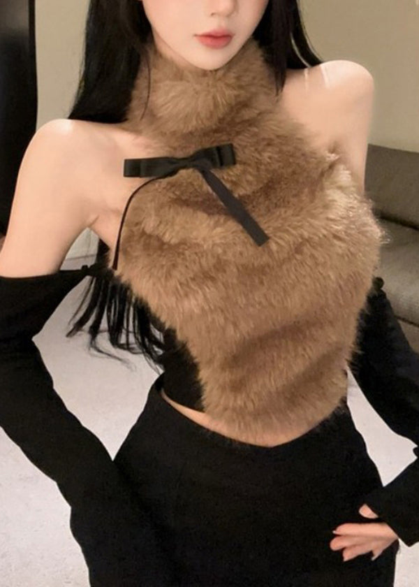 Sexy Coffee Bow Fur Hanging Neck Off Shoulder Short Top