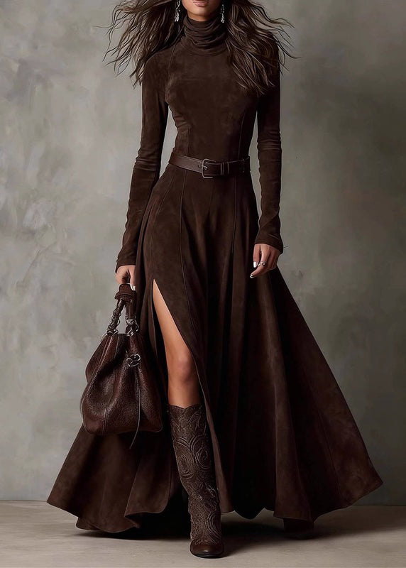 Sexy Coffee Patchwork Sashes Side Open Maxi Dresses Spring