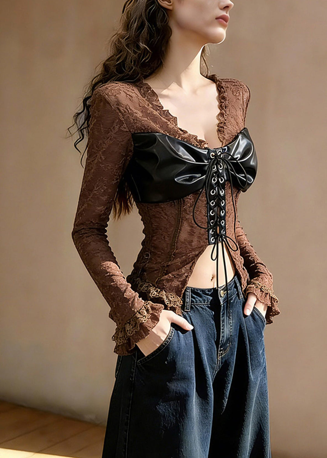 Sexy Coffee Ruffled Lace Up Patchwork Lace T Shirt Tops Spring