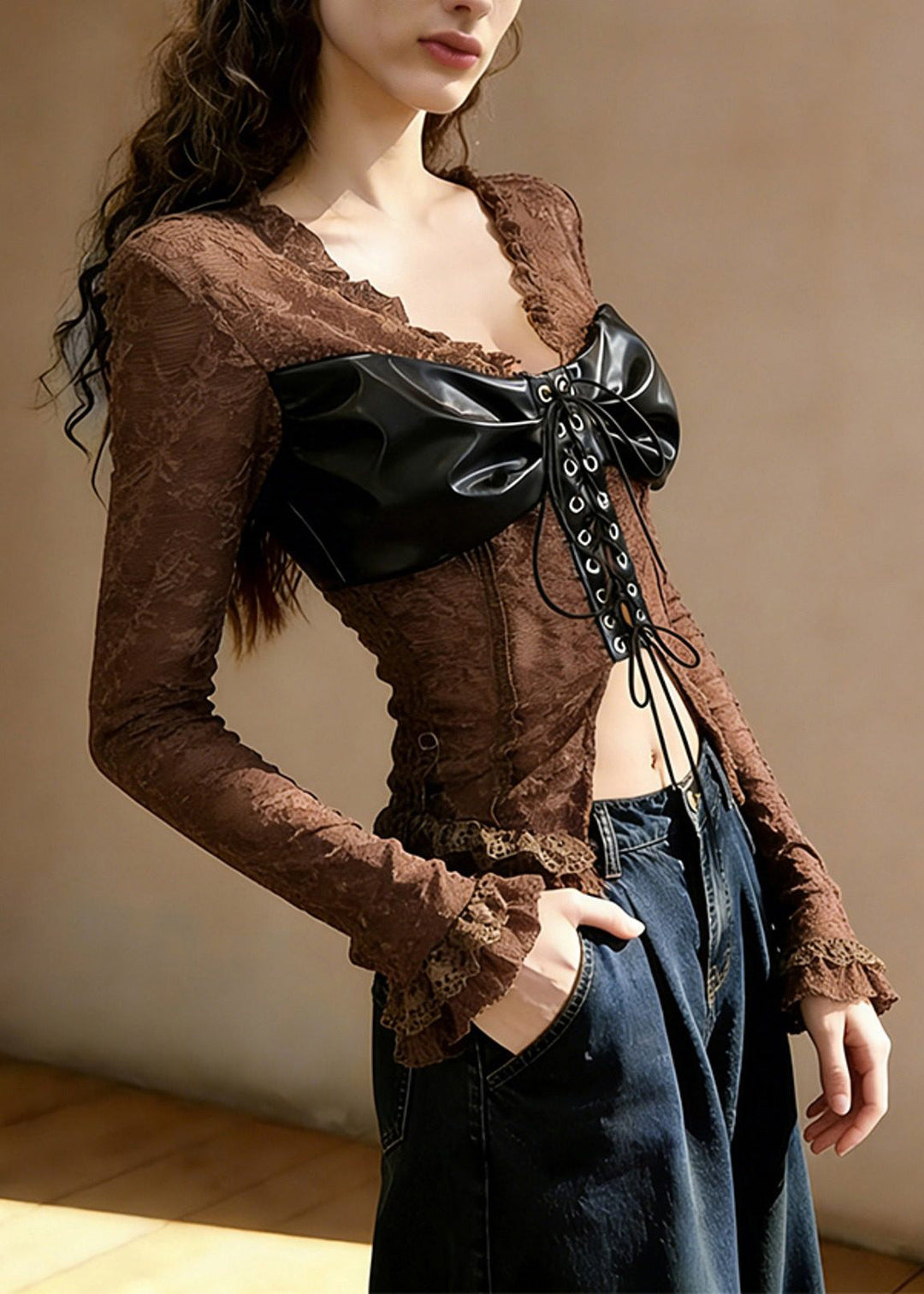 Sexy Coffee Ruffled Lace Up Patchwork Lace T Shirt Tops Spring