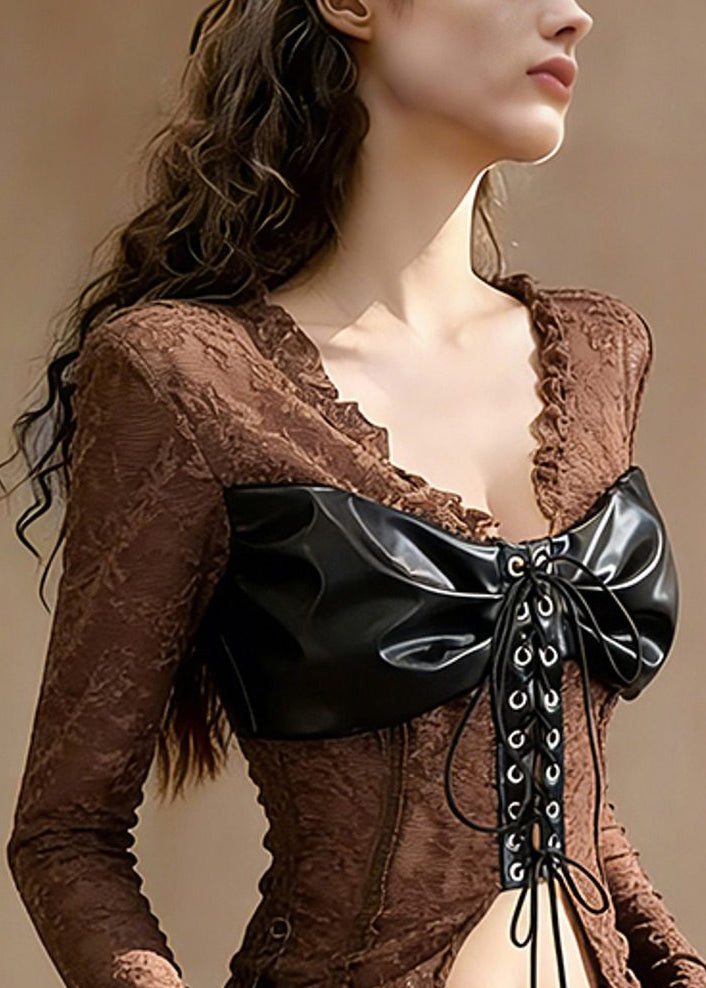 Sexy Coffee Ruffled Lace Up Patchwork Lace T Shirt Tops Spring