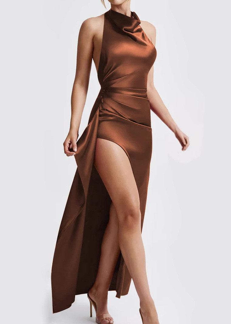 Sexy Coffee Side Open Wrinkled Silk Maxi Dresses Summer